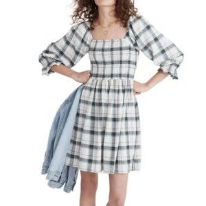Madewell Women’s Lucie Smocked Mini Dress Small Lebaum Plaid 3/4 Sleeve Preppy